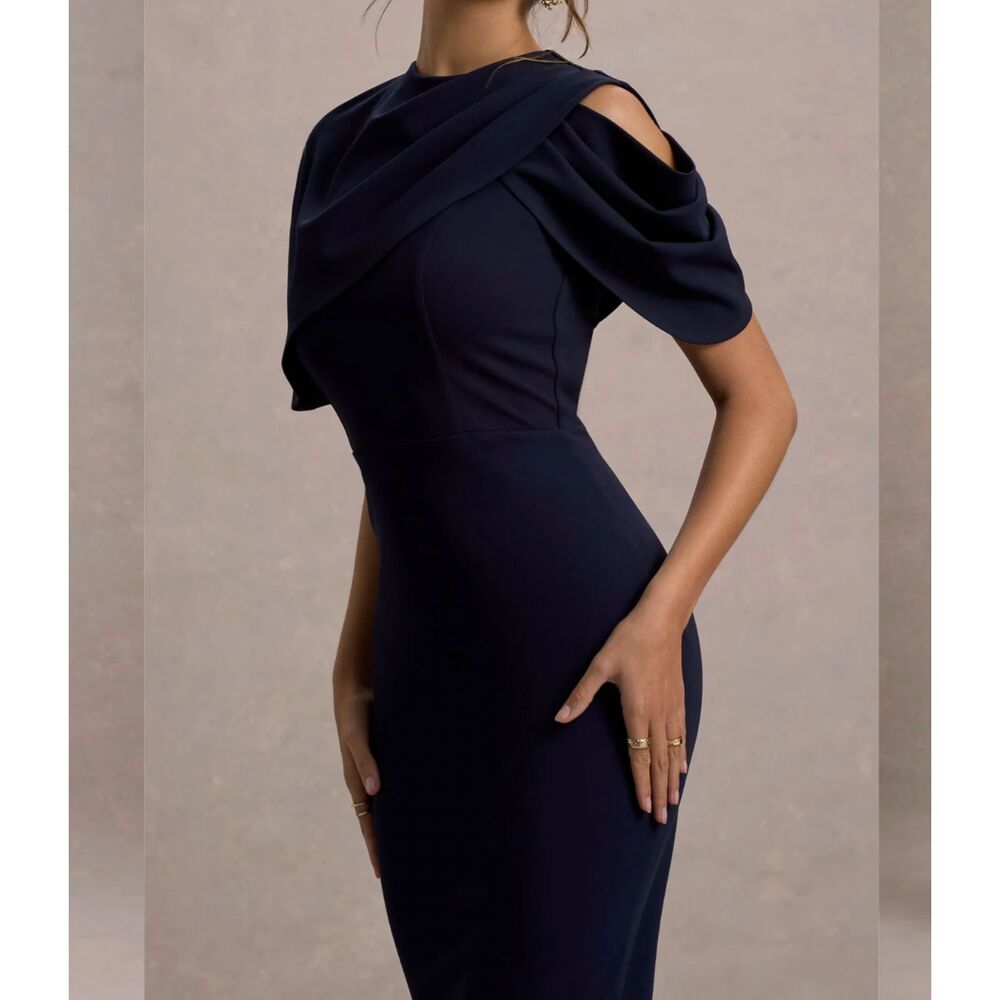 NWT Club L London Navy Draped Midi Dress With Cape | Size US 4 - Picture 5 of 8